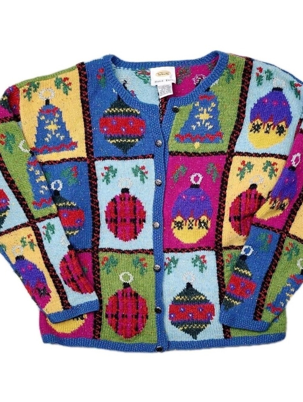 Vtg Talbots Hand Knit Patchwork Colorful Boho Cardigan Wool Christmas Womens M